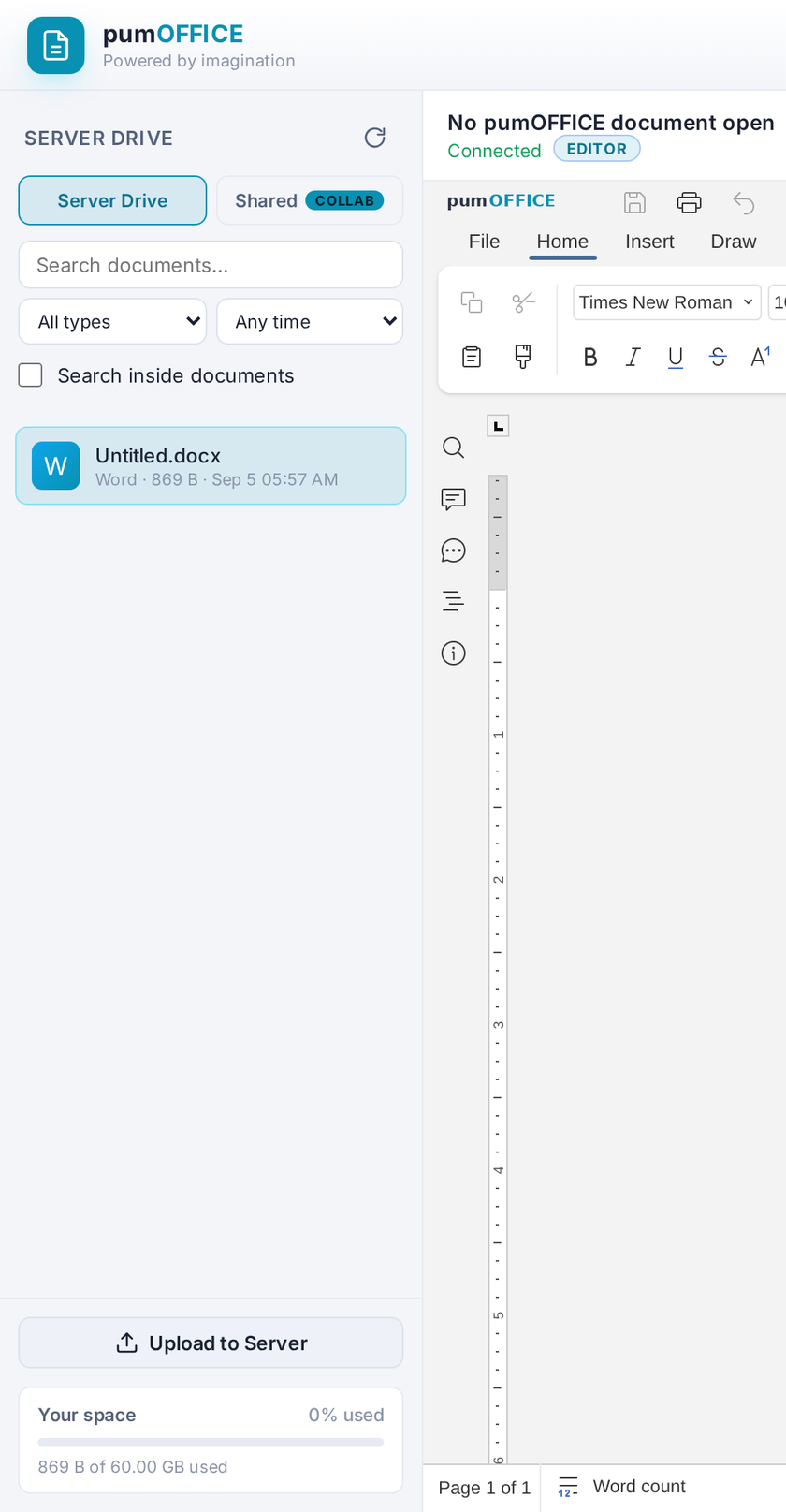 pumOFFICE server drive file list and storage meter